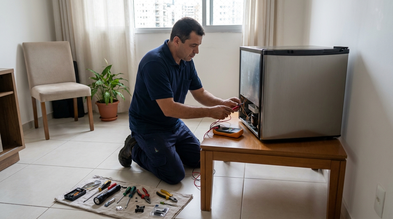 Técnico fazendo manutenção do motor de frigobar em Guarulhos‑SP
